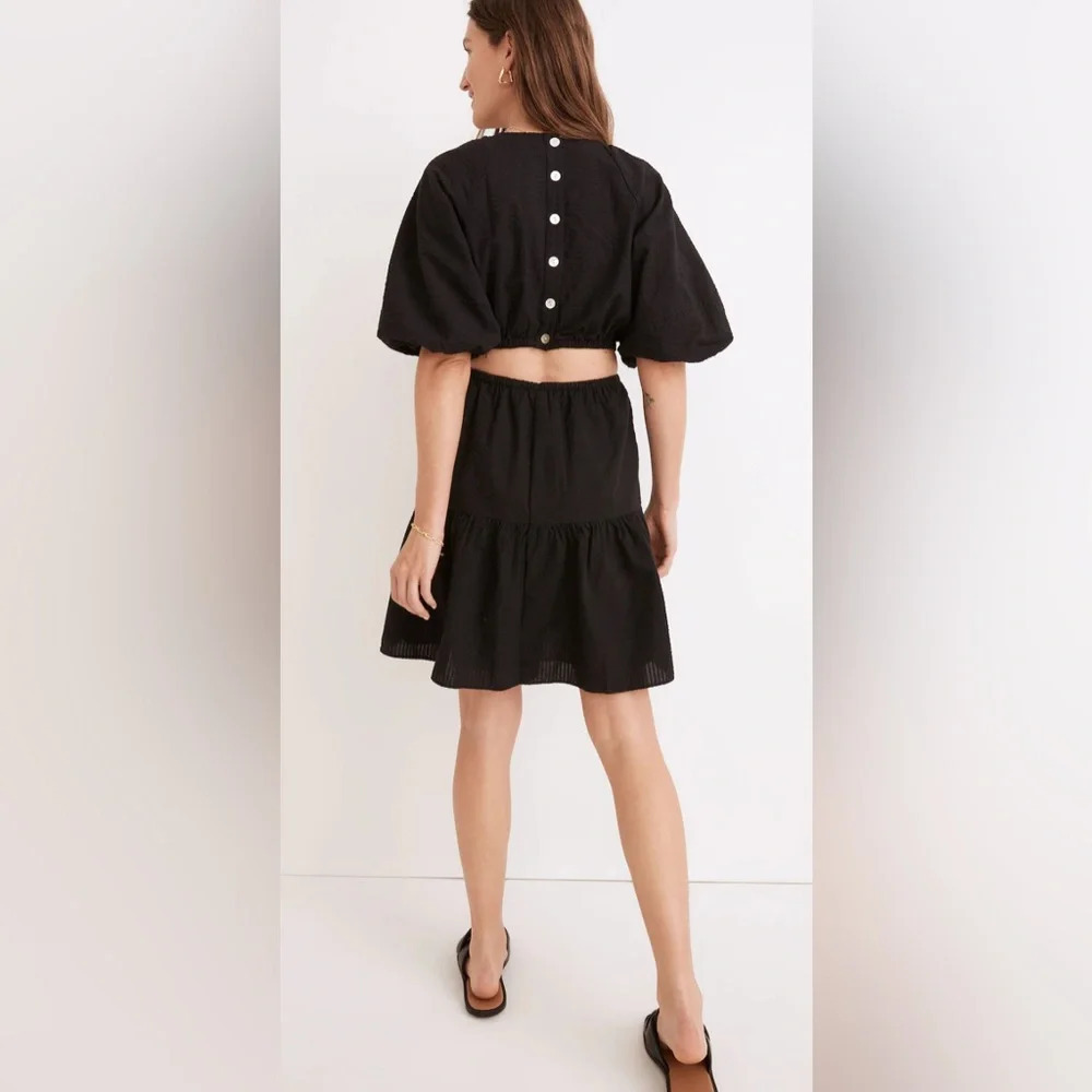 NWT Madewell Women’s Seersucker Puff-Sleeve Cutout Mini Dress Black Size XS